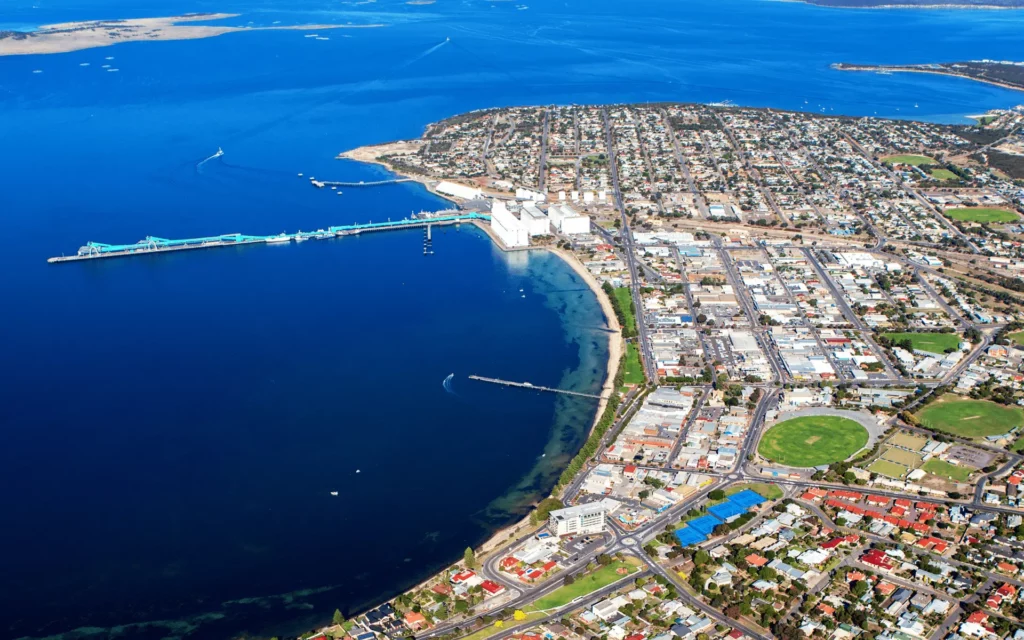 Image shot from a drone of Port Lincoln showing the bustling city and Shoreline.