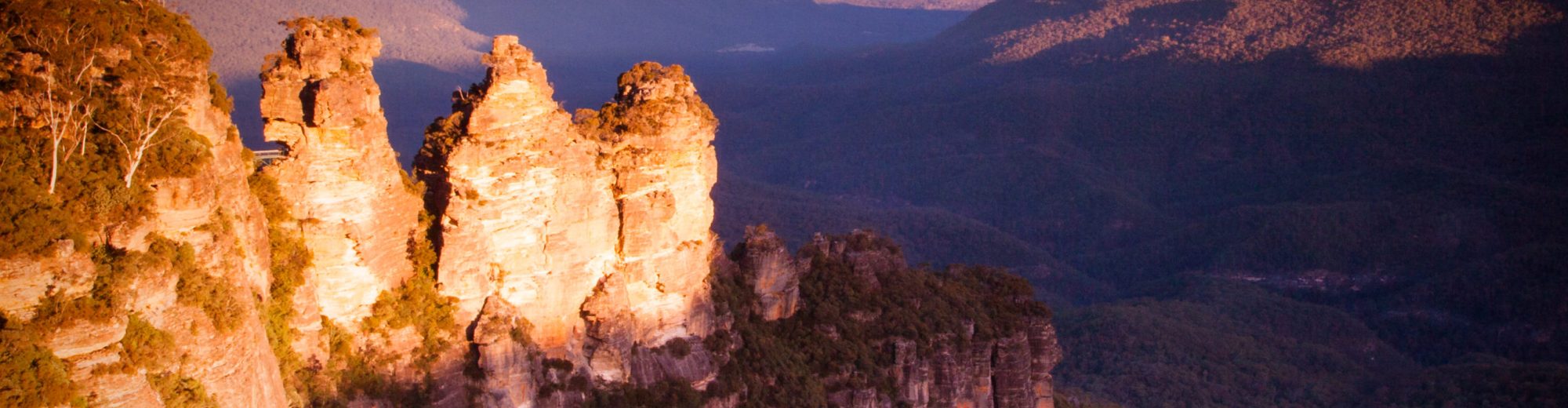 The Three Sisters rock formation at sunset in the Blue Mountains, New South Wales, Australia